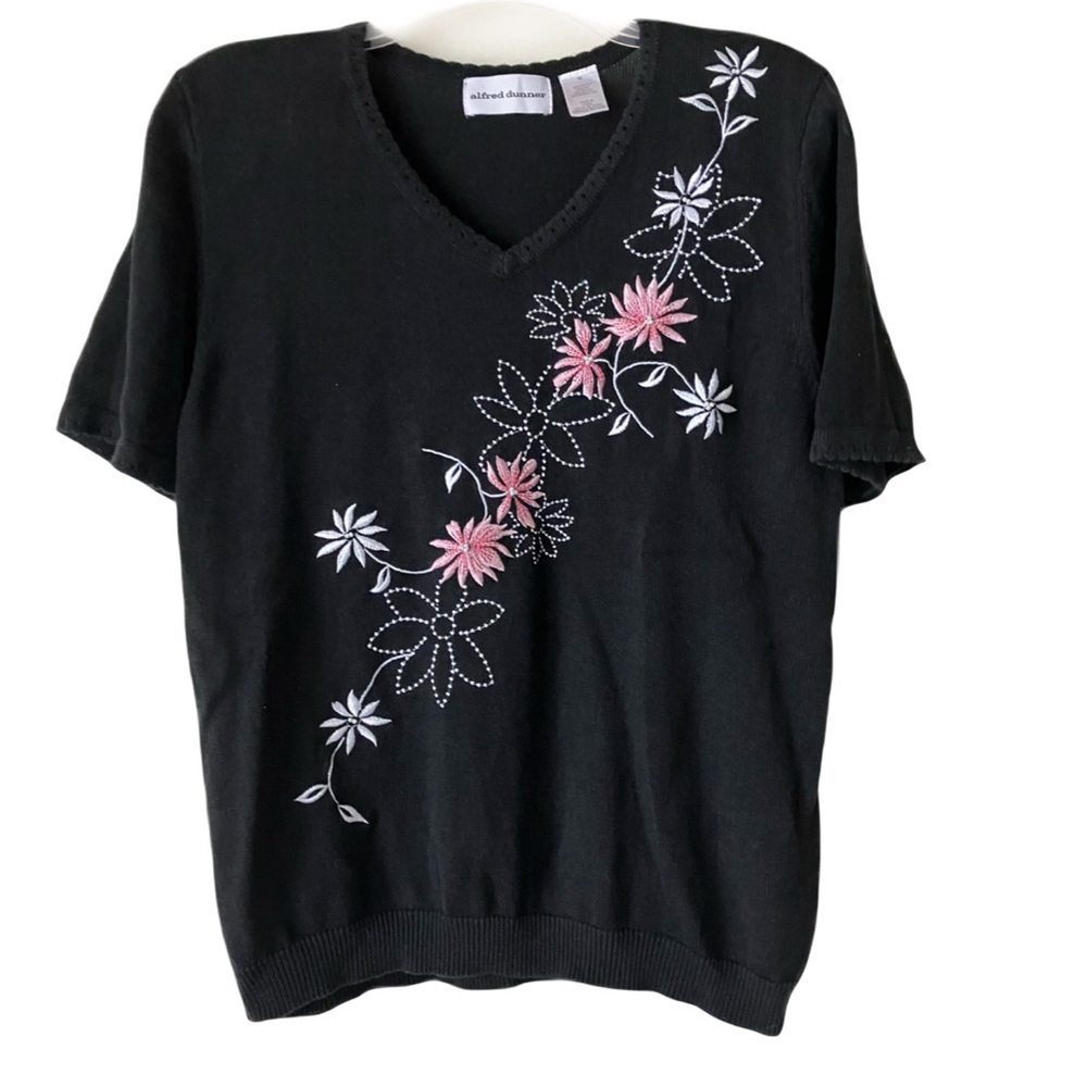 Alfred Dunner Sweater, Sz. M, Black w/ Pink/White Embroidered Flowers, V Neck
